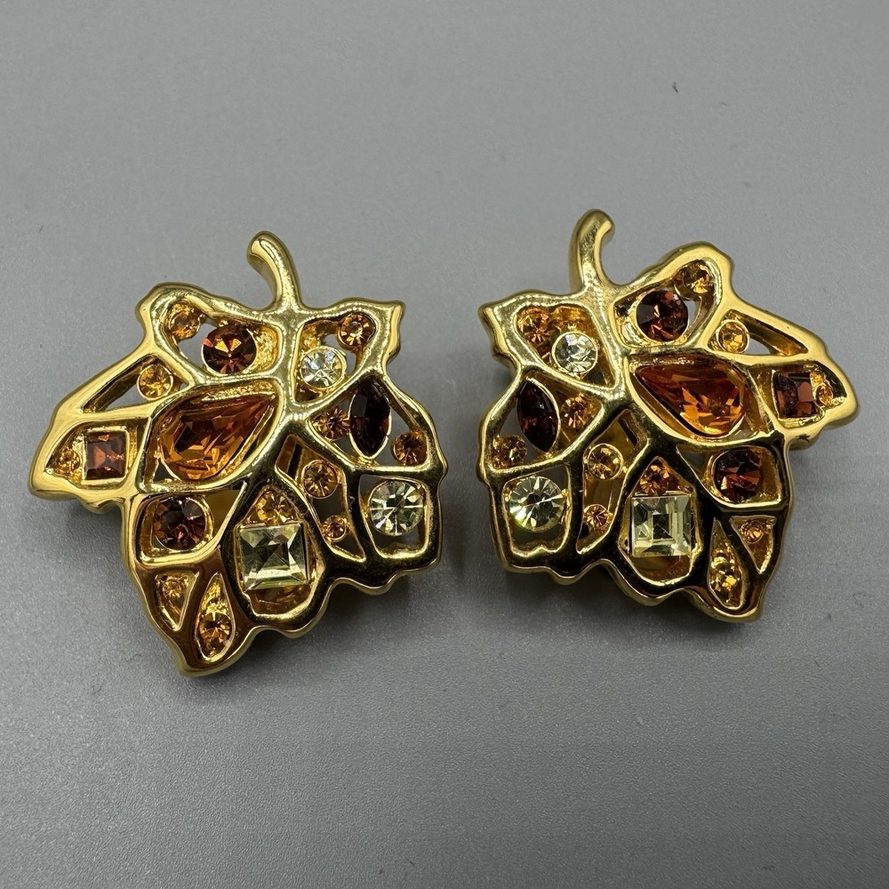 Vintage Nolan Miller Gold Tone Autumn Leaf Rhinestone Clip On Earrings
